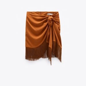 New ZARA Tan High Waisted Fringed Knot Mini Skirt